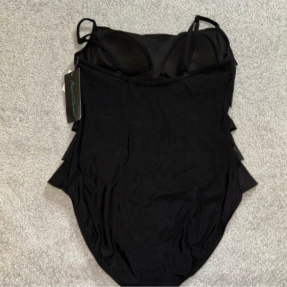 Aqua Green Black Ruffled Women's One Piece Swimsuit - Picture 2 of 4